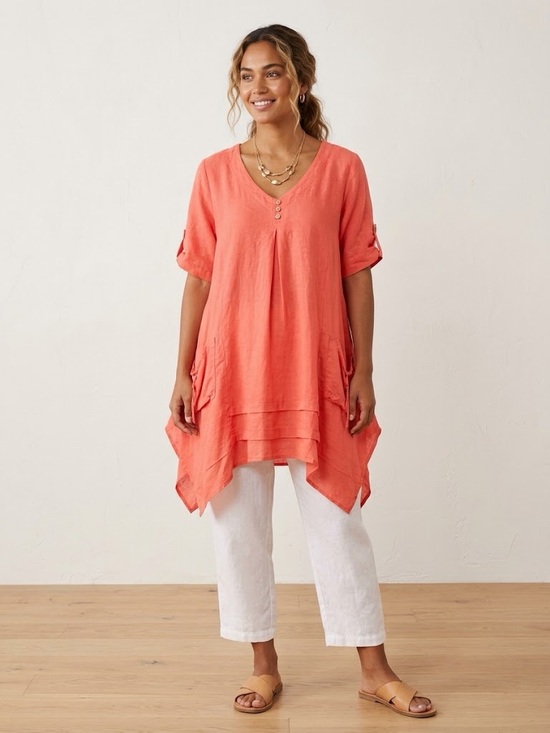 Catwalk Studio Tops - Catwalk Studio Coral Ramie Cotton Blend Lagenlook Tunic Top Dress Pockets S/M
